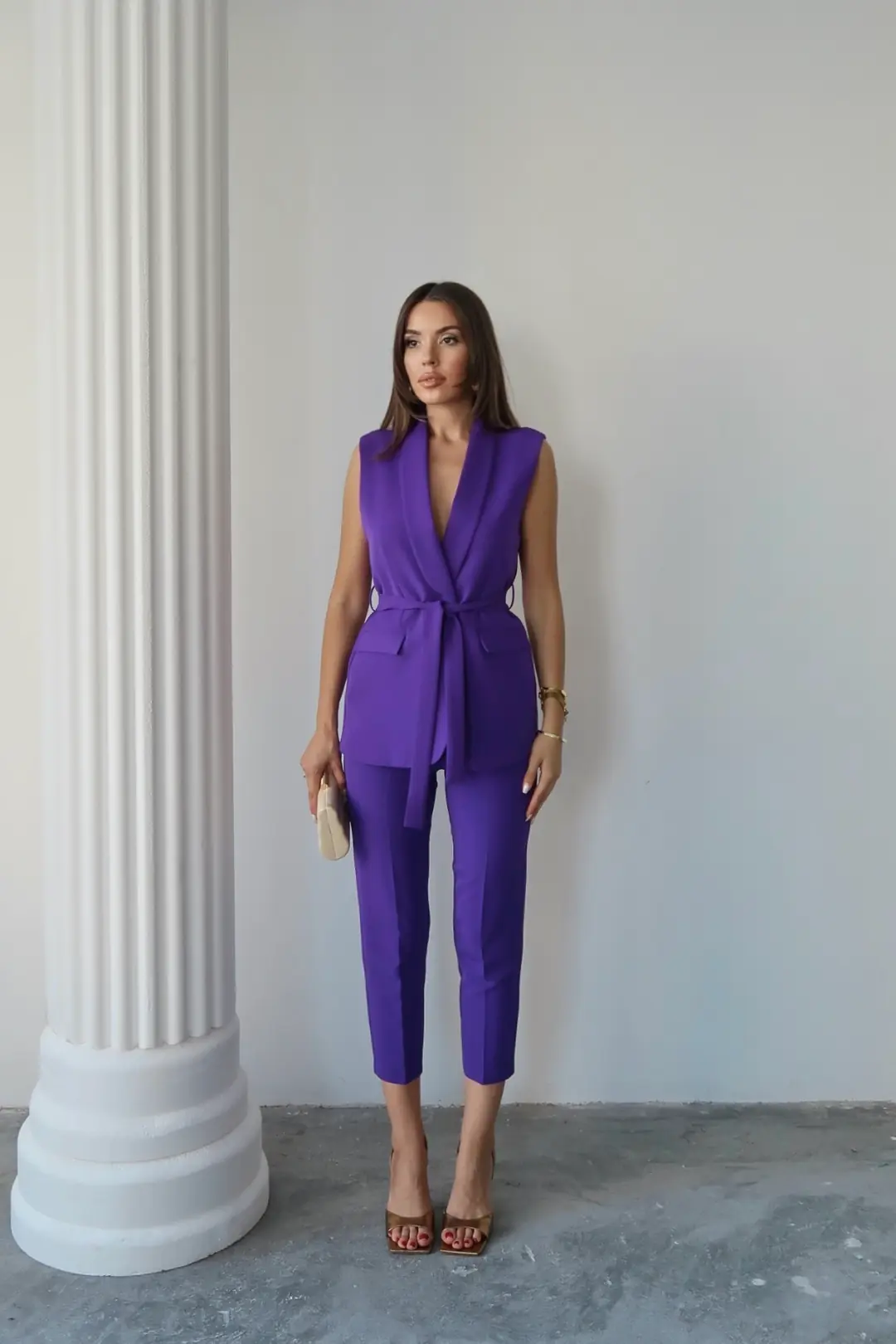 Ürün görseli: Violet Kuşaklı Yelek Ve Yüksek Bel Mor Pantolon Takım