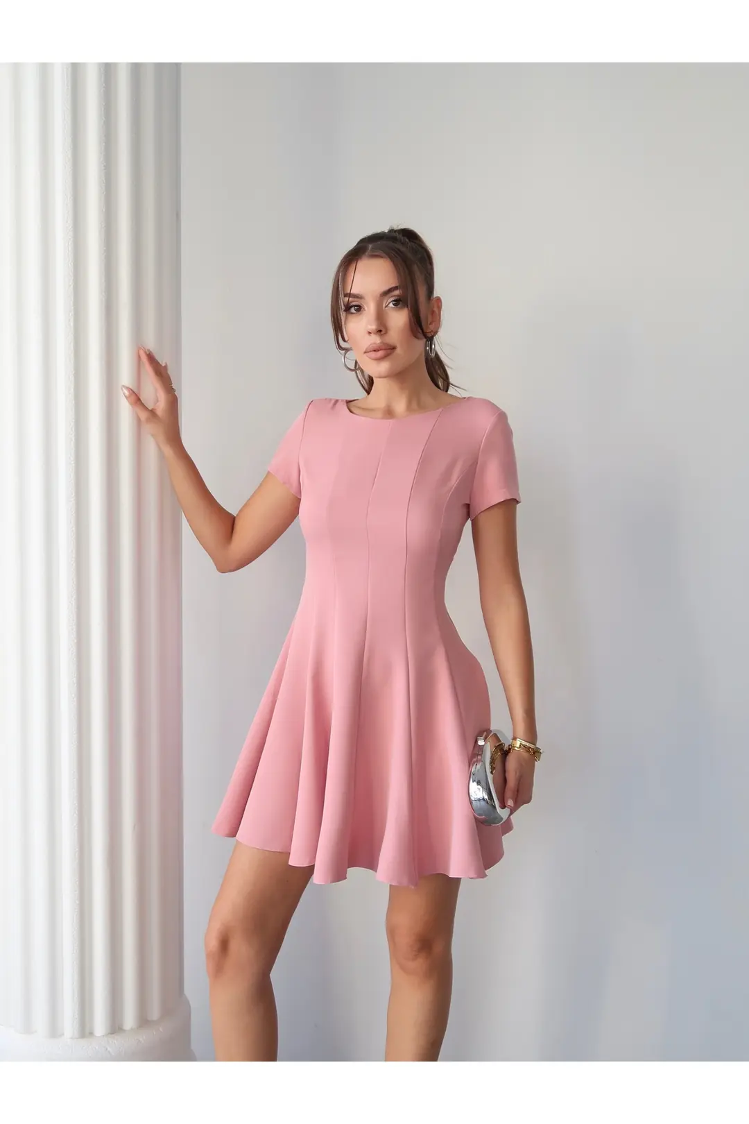 Yarım Kol Volanlı Elbise Pembe