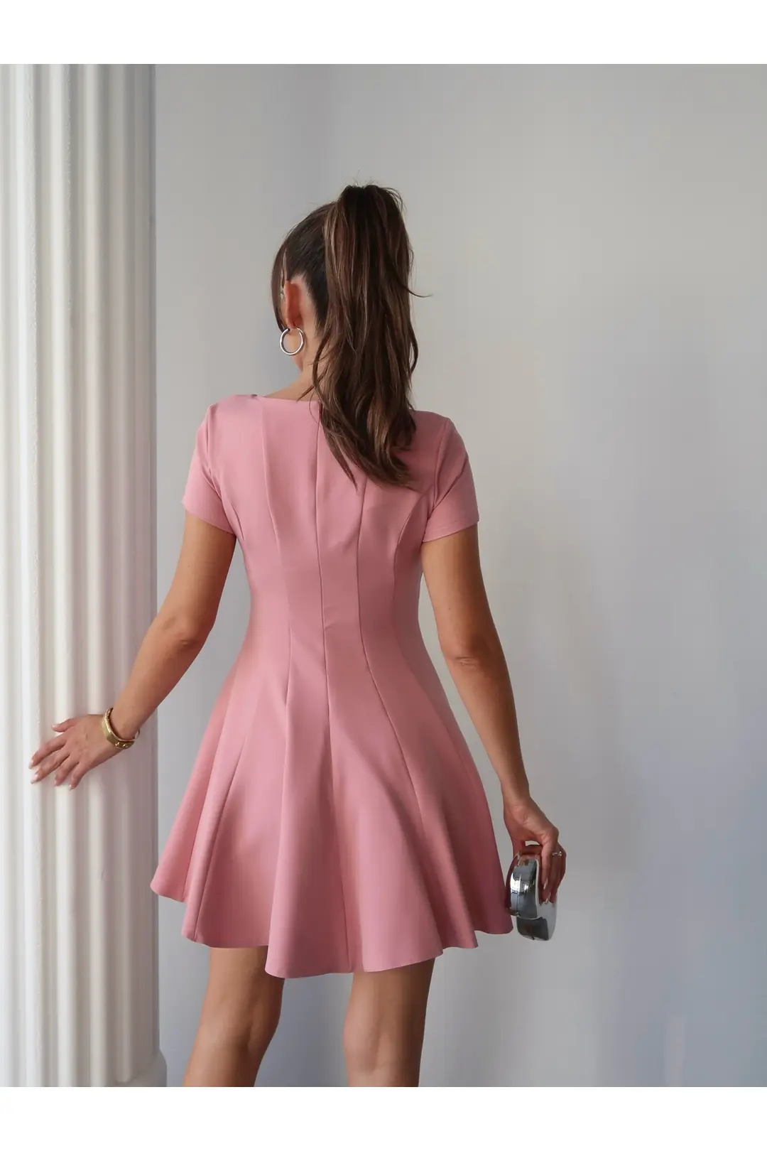 Yarım Kol Volanlı Elbise Pembe