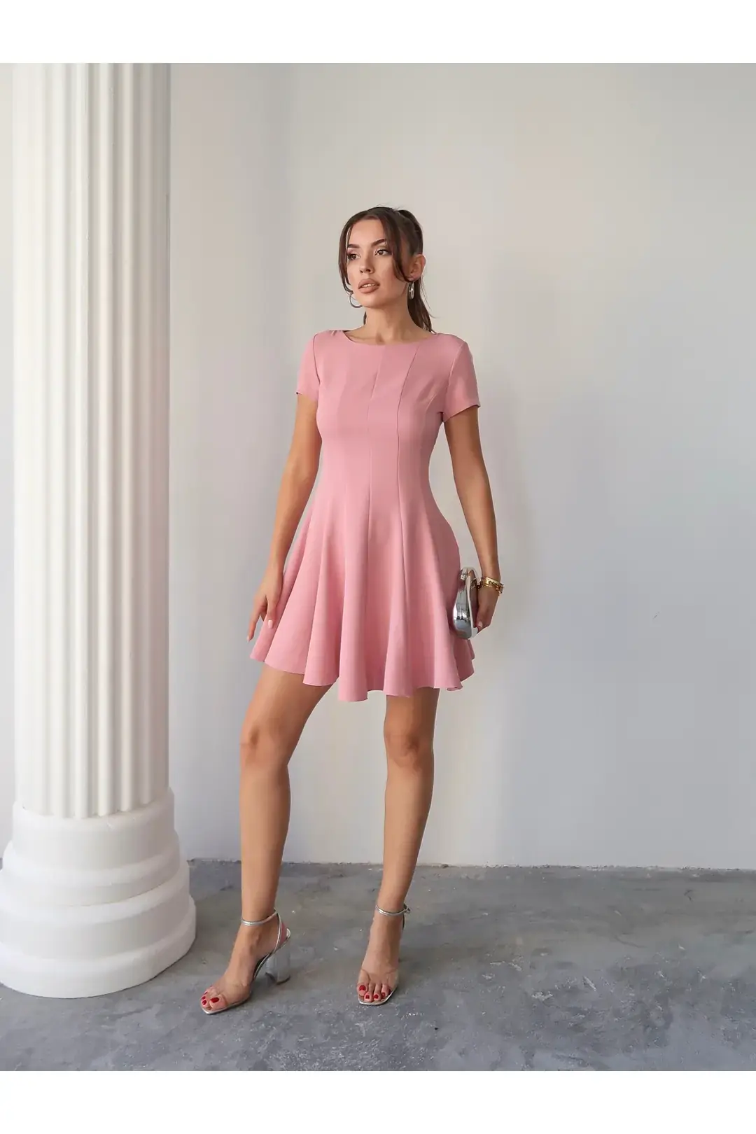 Yarım Kol Volanlı Elbise Pembe
