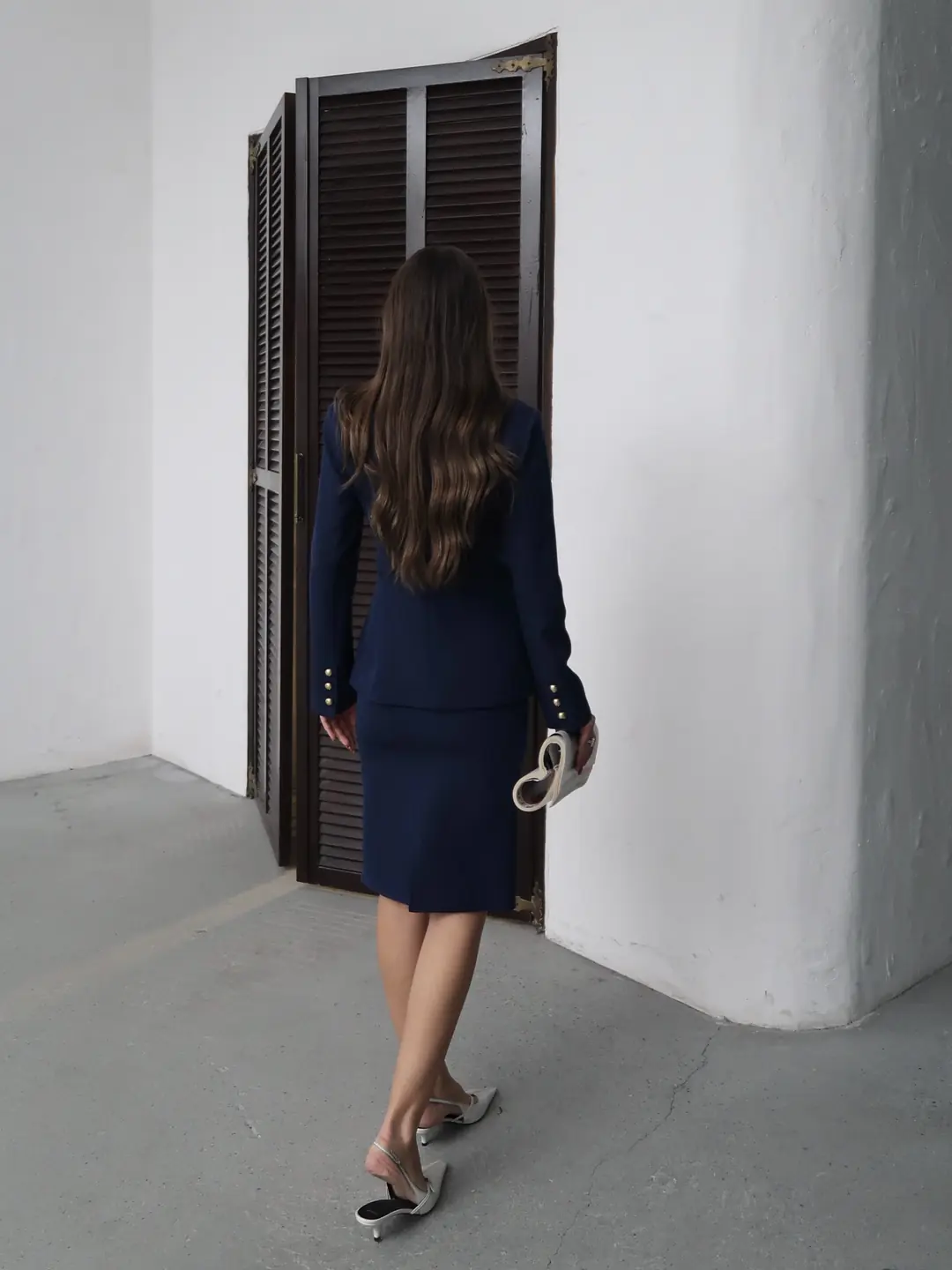 Alice Mücevher Düğmeli Hakim Yaka Ceket ve Midi Etek Takım Lacivert