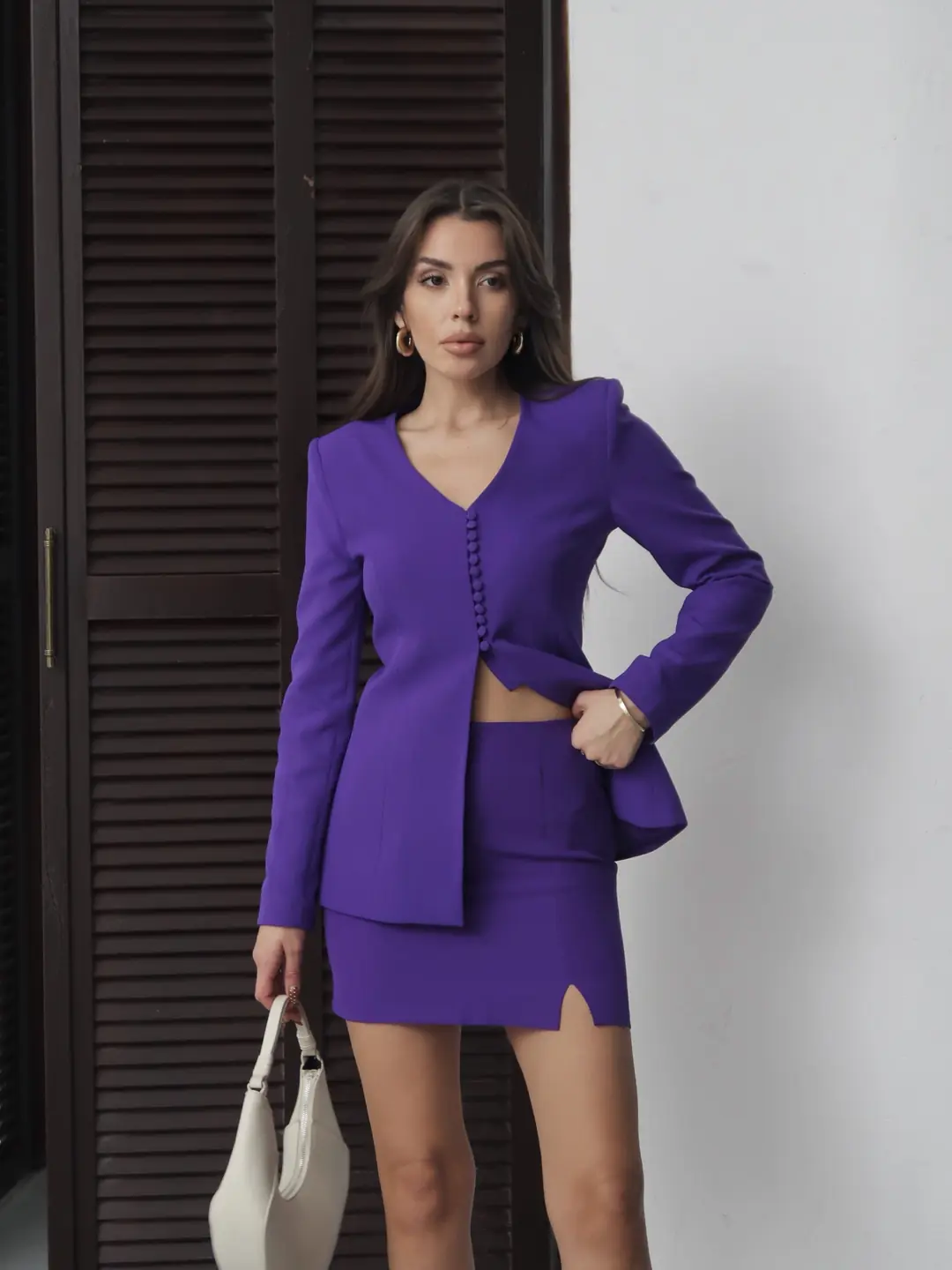 Mindy V Yaka Ceket Mini Etek Takım Mor