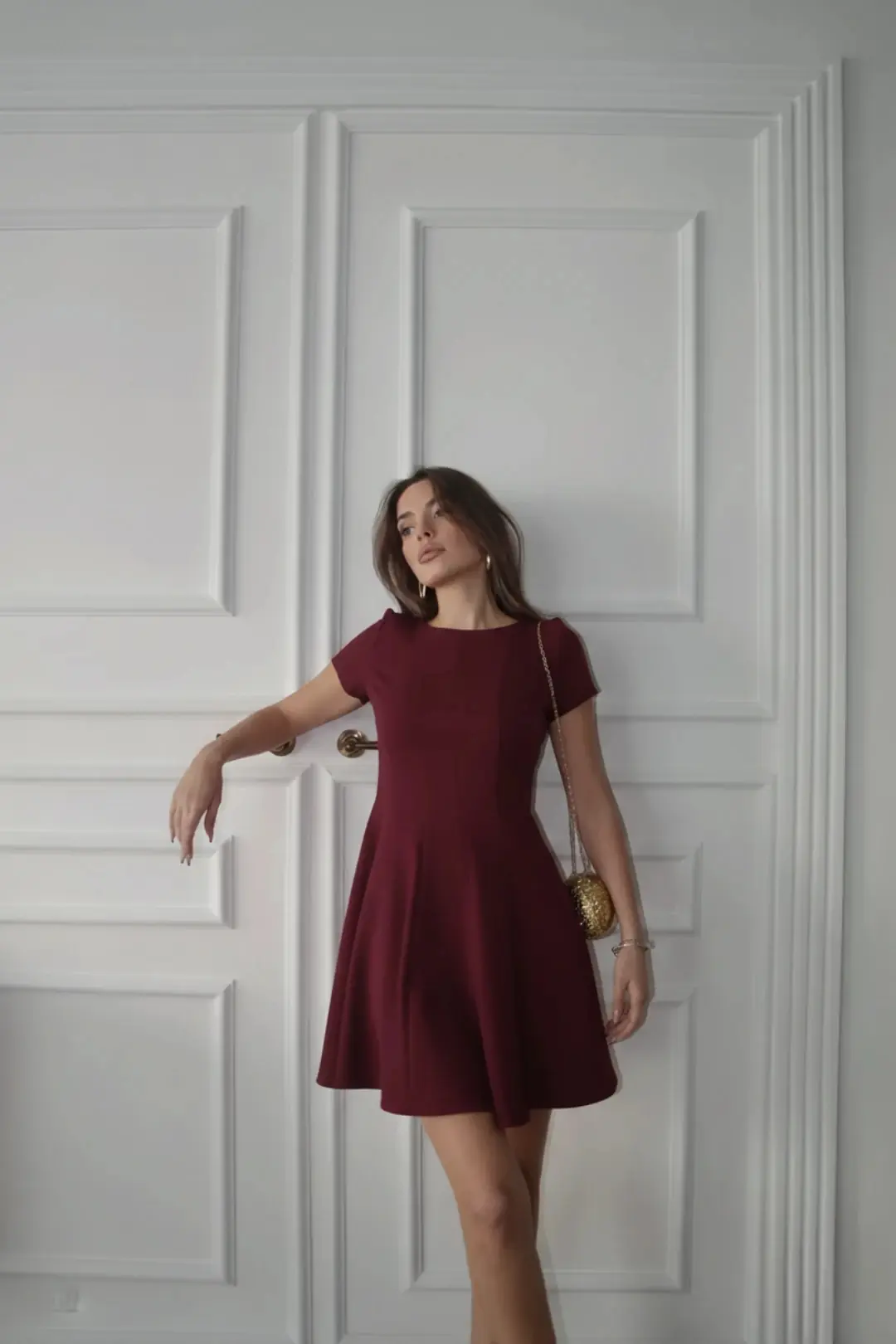Yarım Kol Volanlı Elbise Bordo