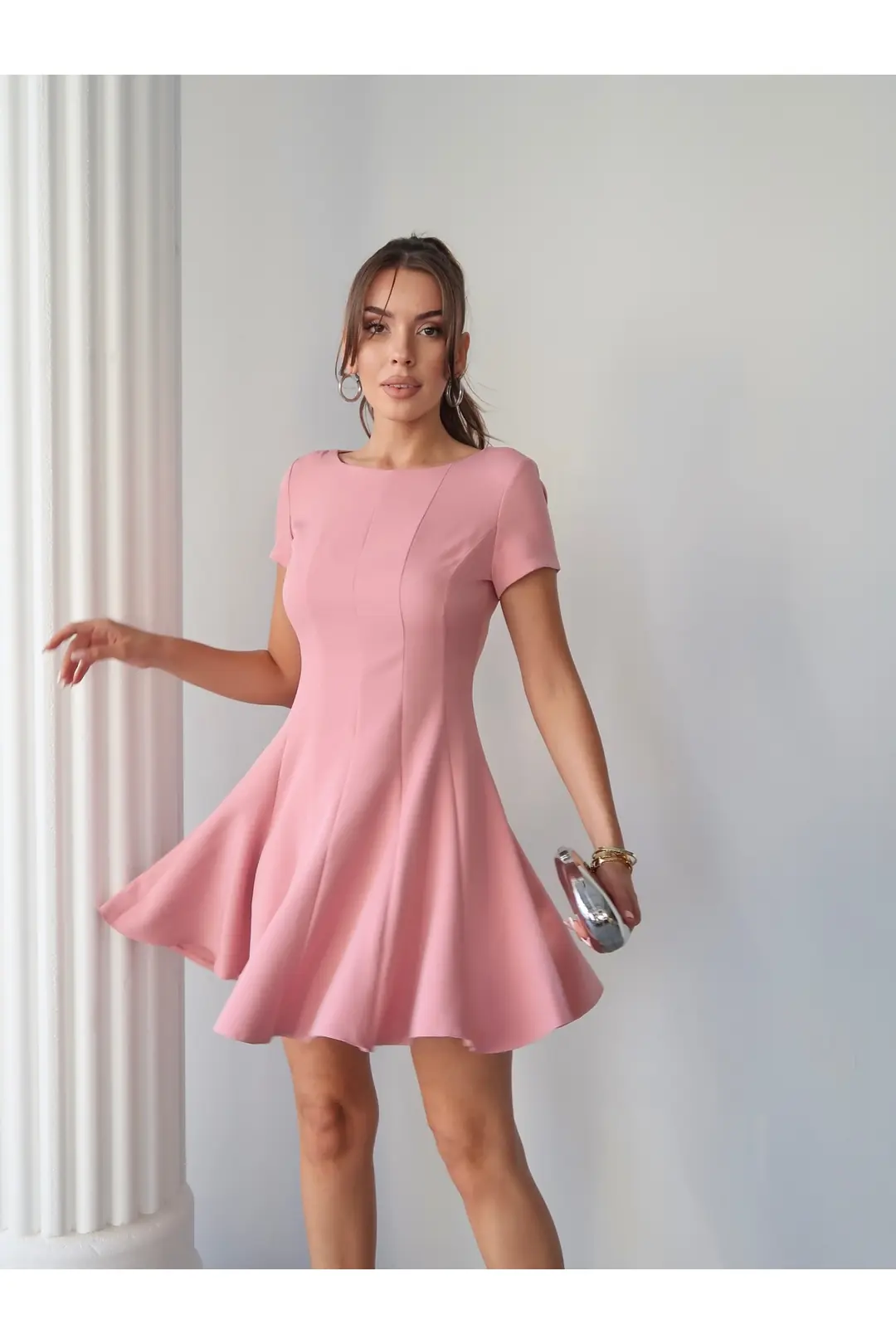 Yarım Kol Volanlı Elbise Pembe