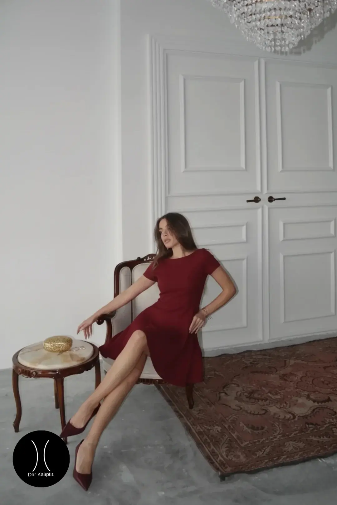 Yarım Kol Volanlı Elbise Bordo