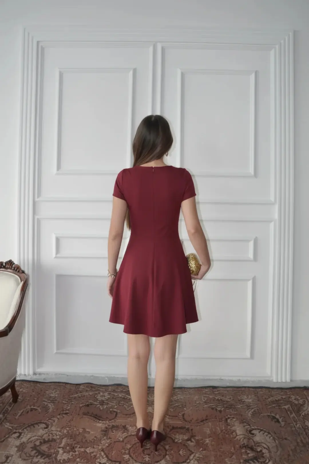 Yarım Kol Volanlı Elbise Bordo