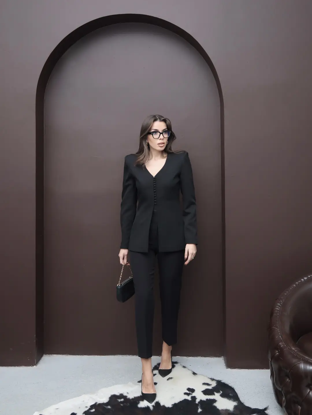 Lina V Yaka Ceket Dar Paça Pantolon Takım Siyah